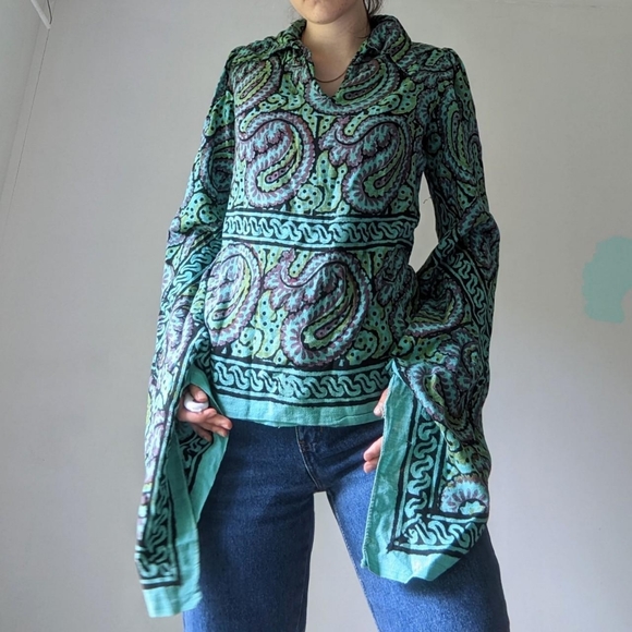 Vintage 70's Boho Collared Paisley Print Long Sleeve Blouse - Picture 2 of 4